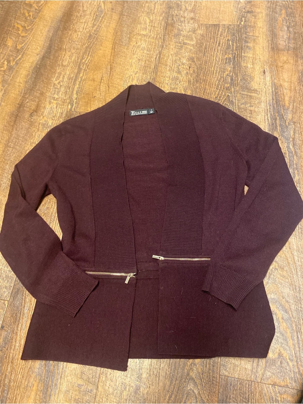 New York & Company Amethyst Women's Open-Front Maroon Cardigan with Gold Zipper